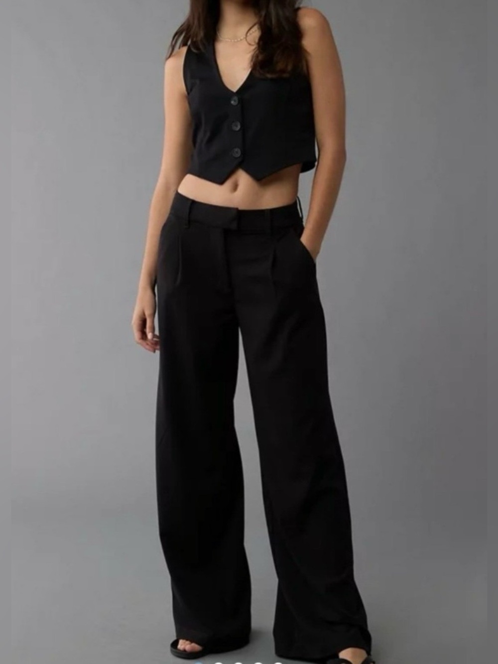 American Eagle Black Wide Leg Trouser Pants High Rise Pleated Stretch